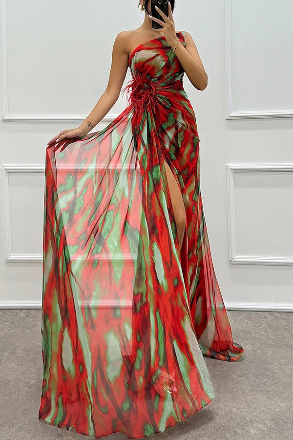 Renee Off Shoulder Watercolor Feather Maxi Dress - View 9