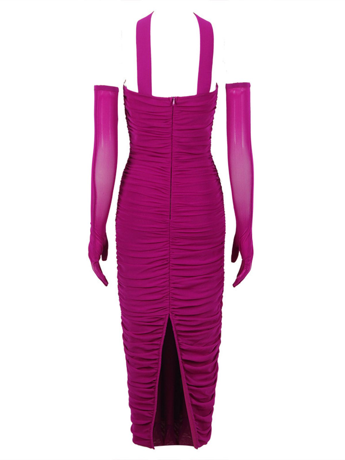Strapless Sweetheart Ruched Mesh Bodycon Midi Dress with Gloves - View 7