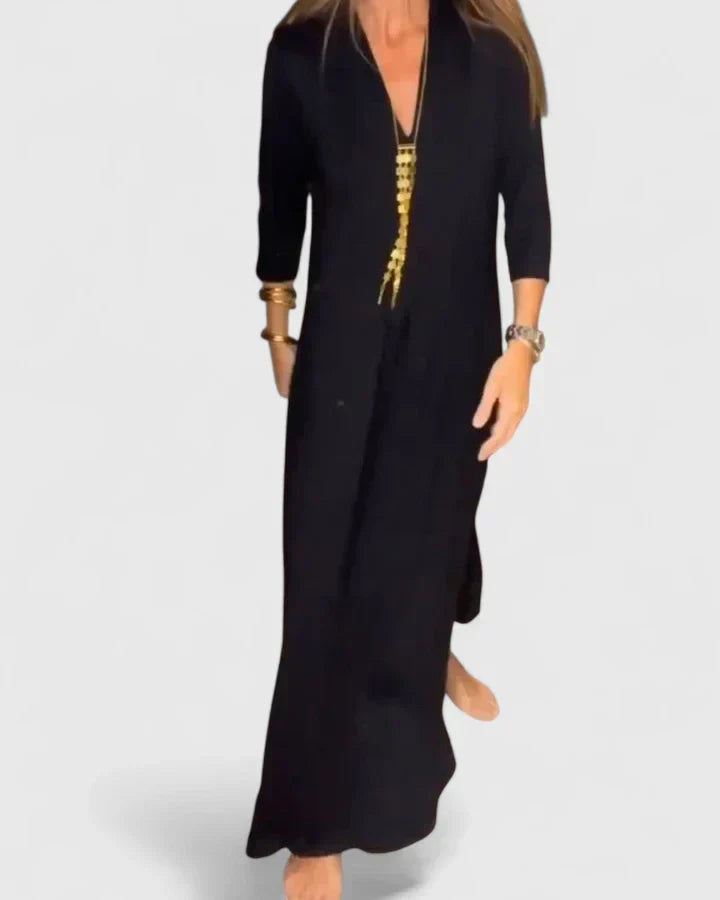Deep V-Neck Three Quarter Sleeve A-Line Maxi Dress 3