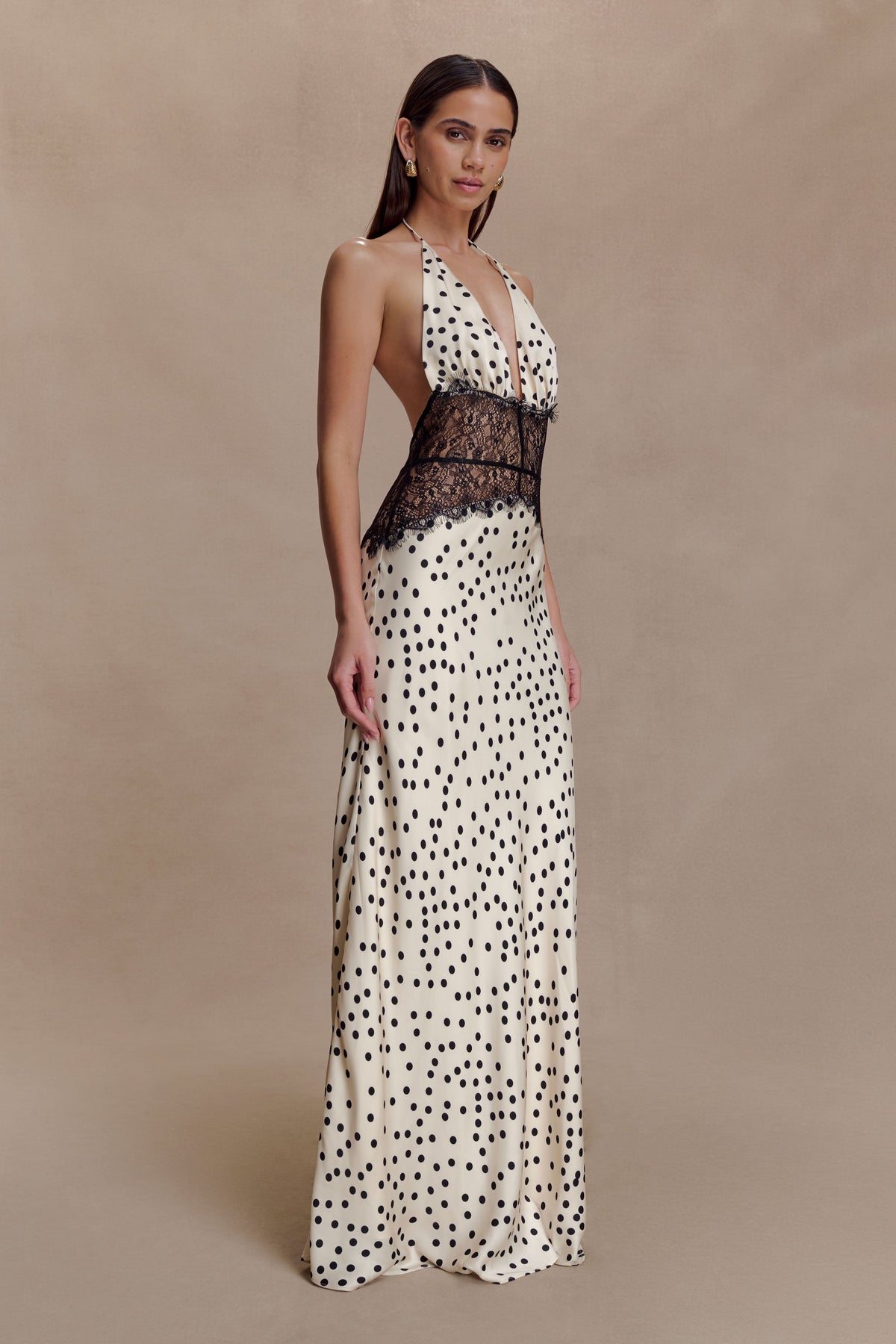 Polka Dot Satin Halter Deep V-Neck Lace Trim Maxi Dress 3