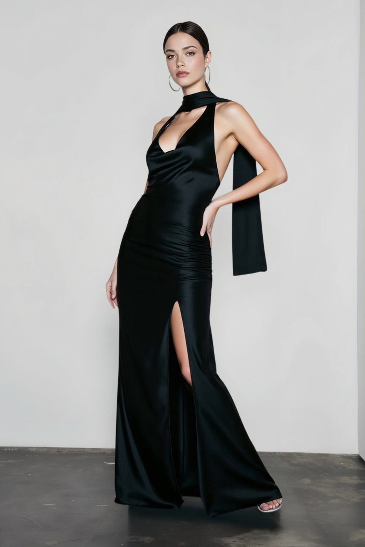 Satin Halter Neck Deep V-Neck High Split Ruched Maxi Dress - View 4