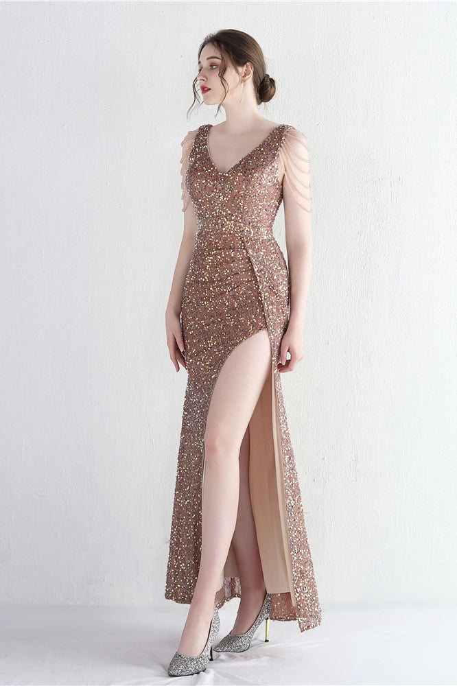 Sequin V-Neck Beaded Fringe High Split Mermaid Gown - View 8
