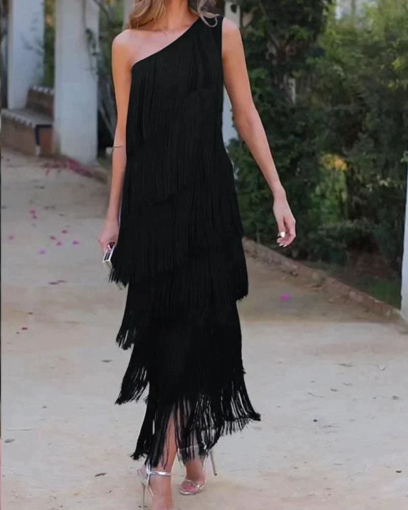 One Shoulder Tiered Fringe Maxi Dress 6