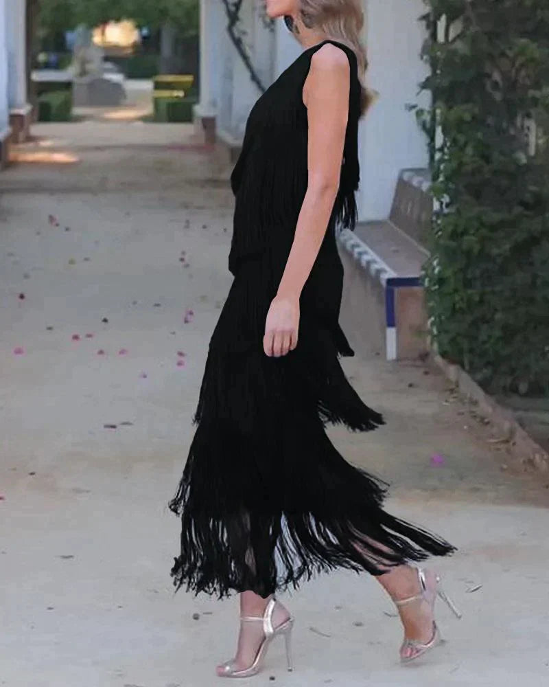 One Shoulder Tiered Fringe Maxi Dress 5