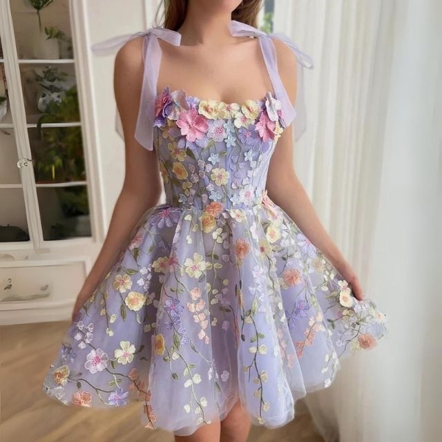 Floral Applique Tulle Puff Sleeve Corset A-Line Mini Dress