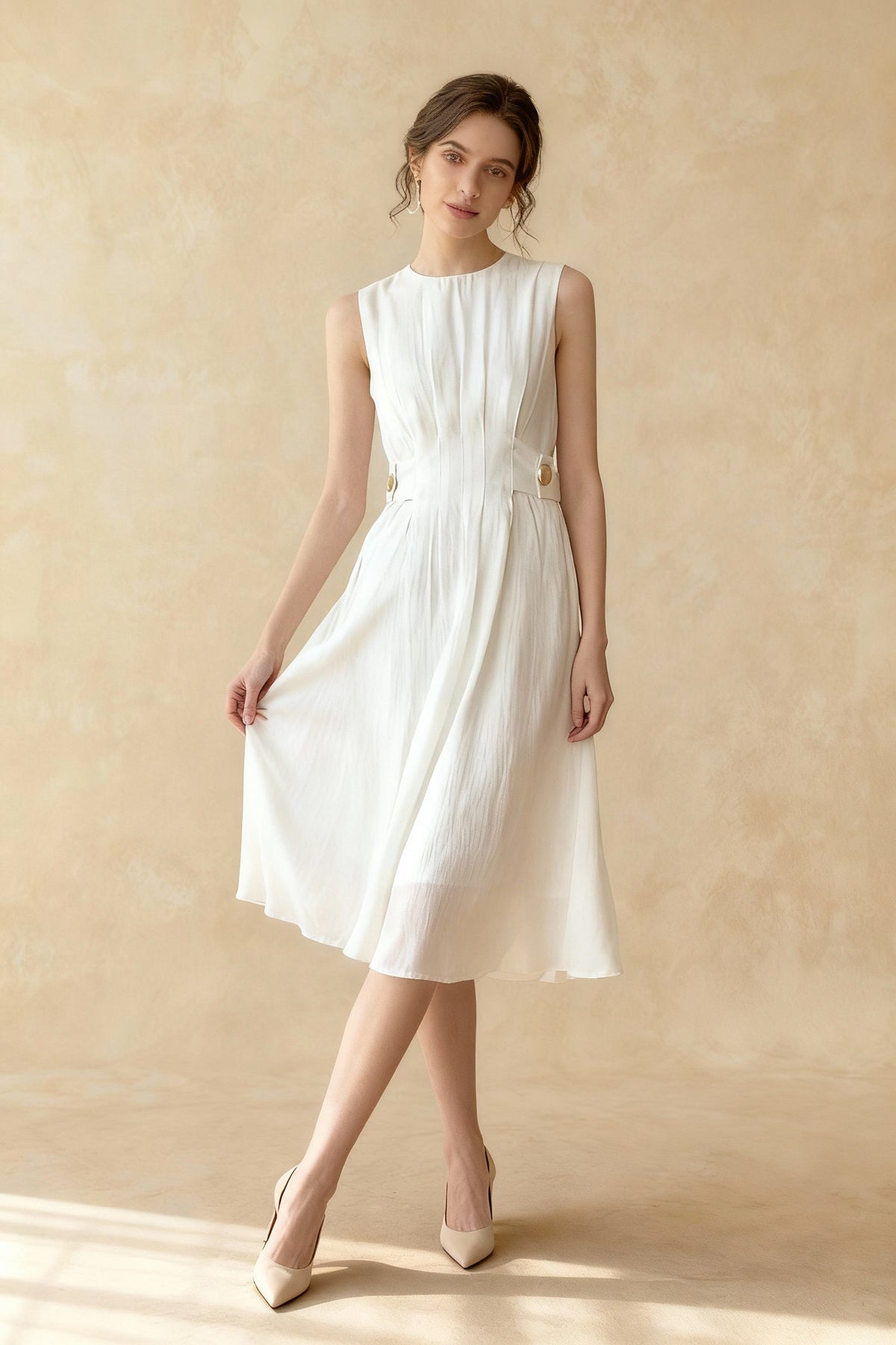 Sleeveless Pintuck Bodice Button Waist Tab A-Line Midi Dress - View 3