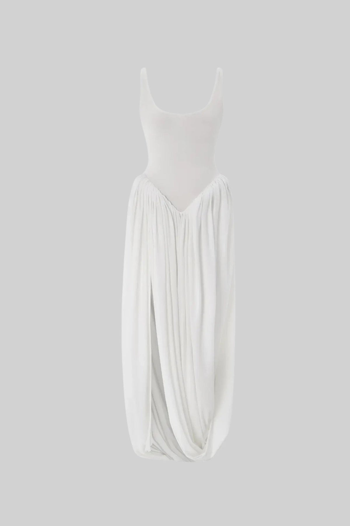 Sleeveless Scoop Neck Drop Waist Gathered High Split Maxi Gown - View 2
