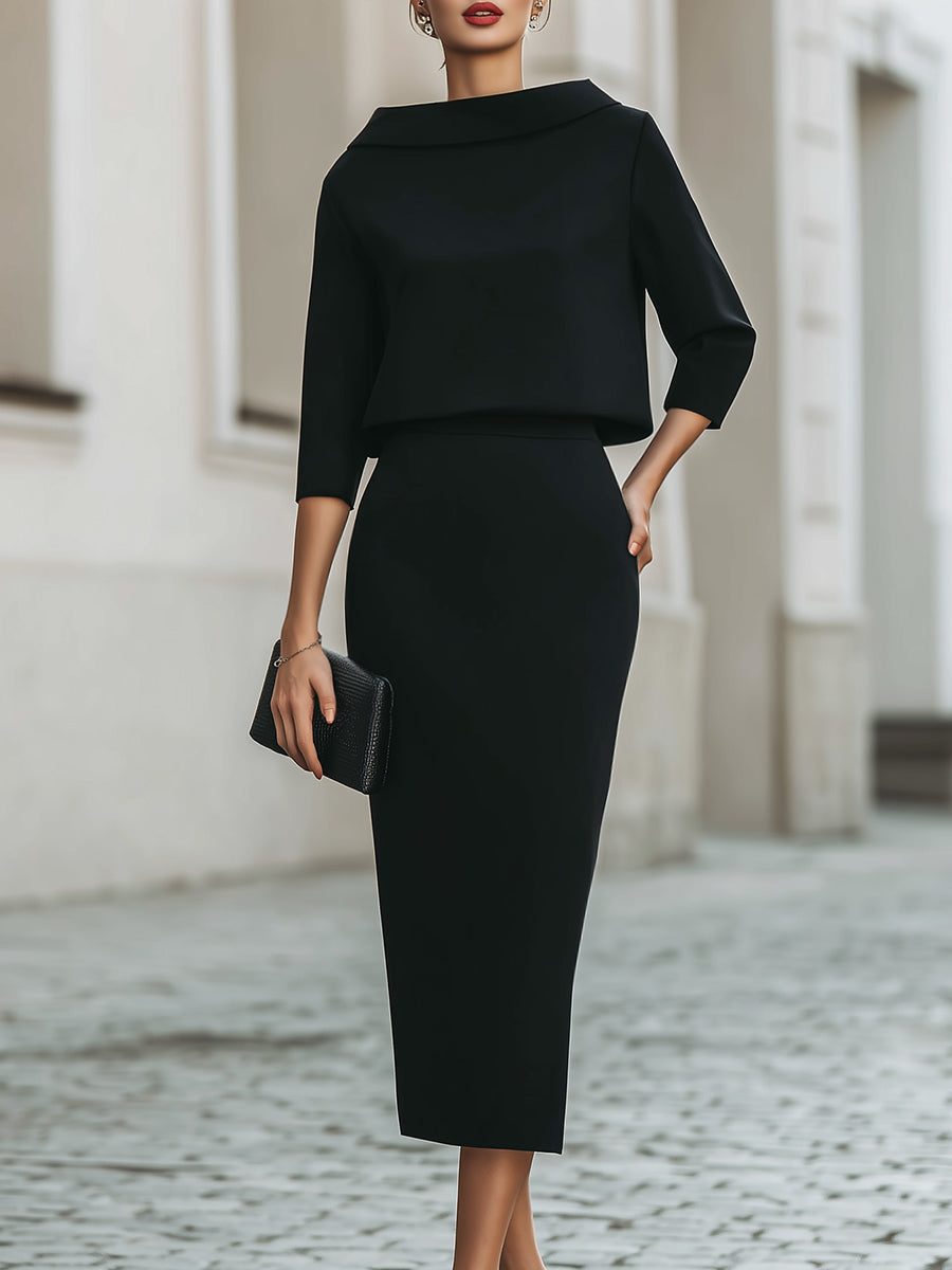 Cowl Neck Top and Straight Midi Skirt Two Piece Set 3