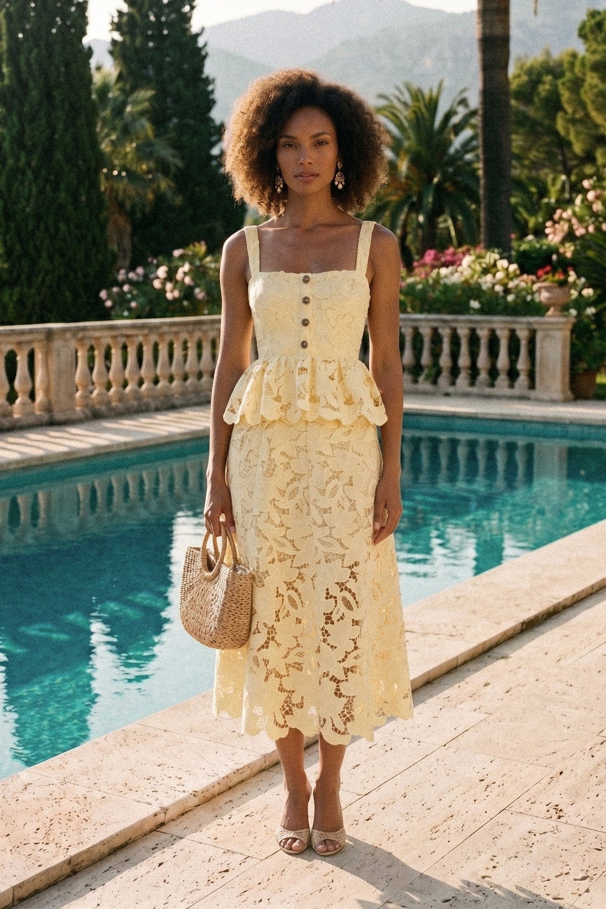 Sleeveless Lace Peplum Dress - Yellow