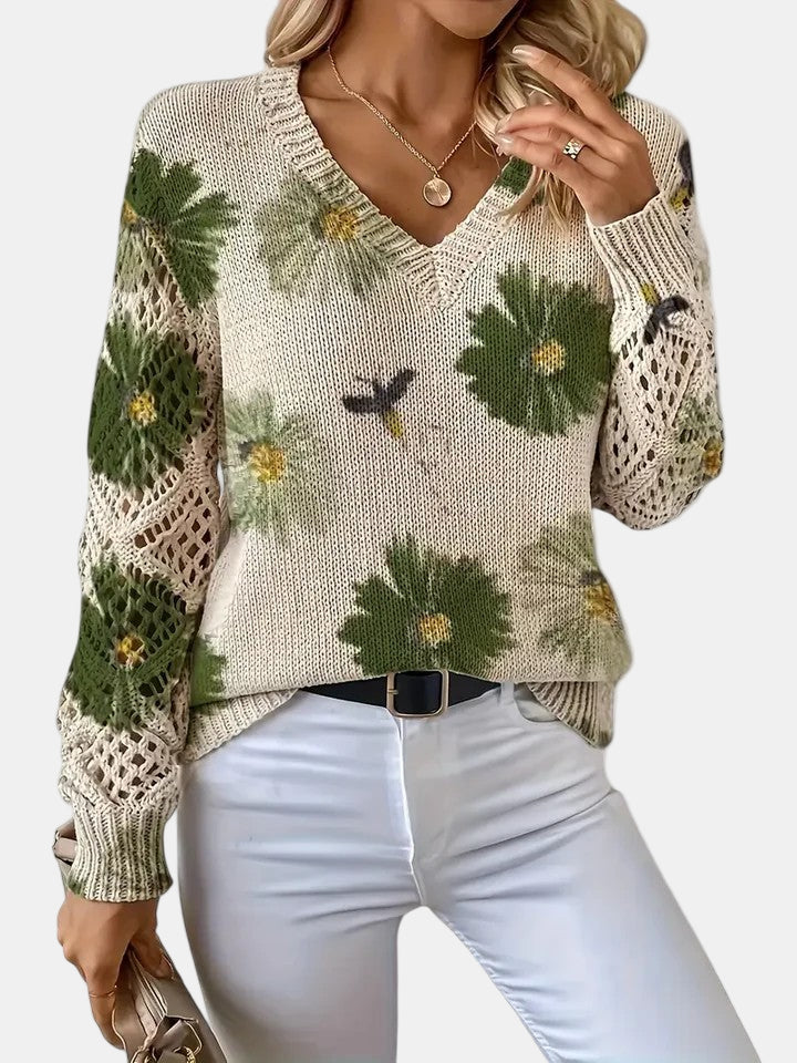 Floral V-Neck Crochet Sleeve Knit Sweater 10