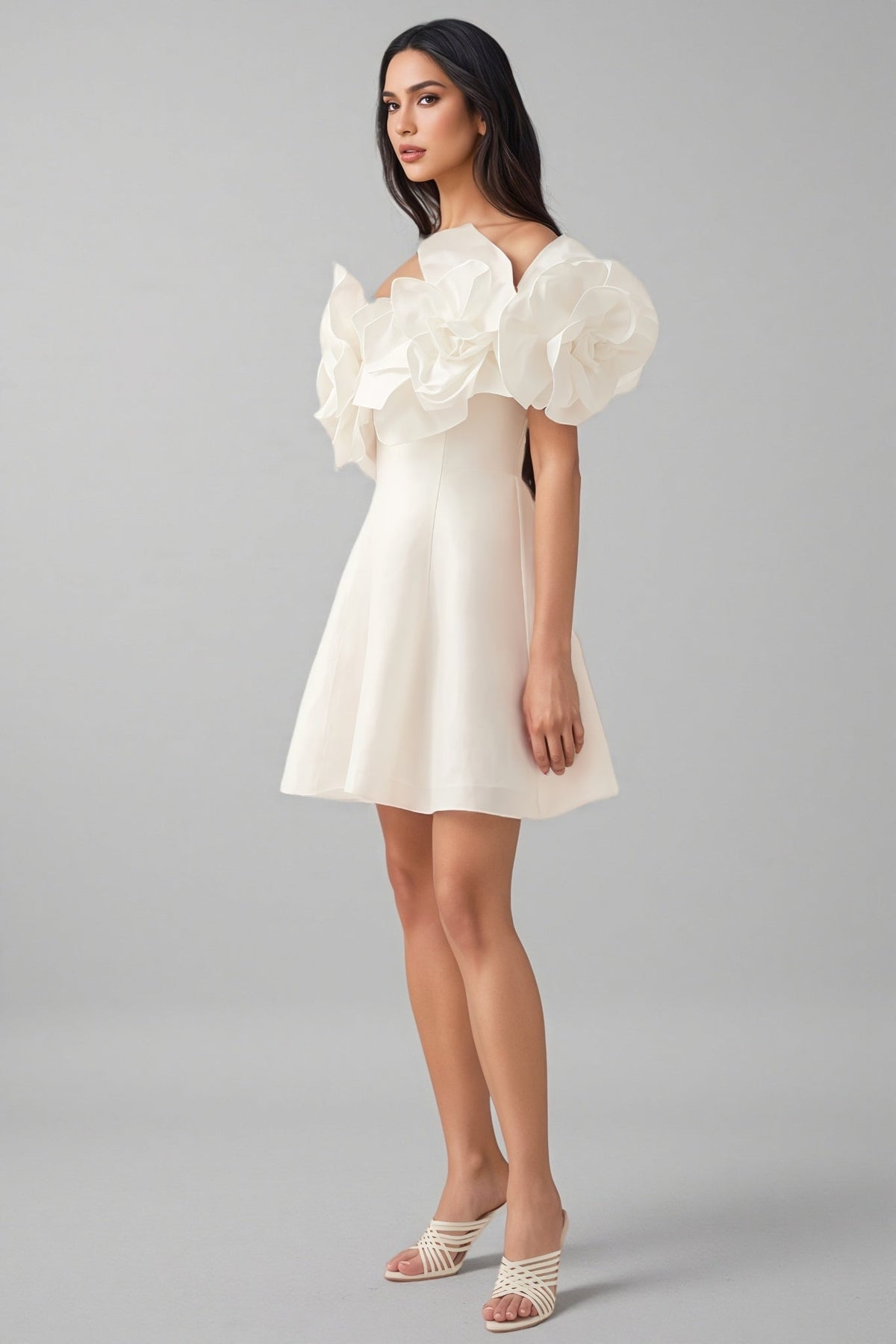 Satin 3D Rose Off Shoulder Fit and Flare Mini Dress - View 2
