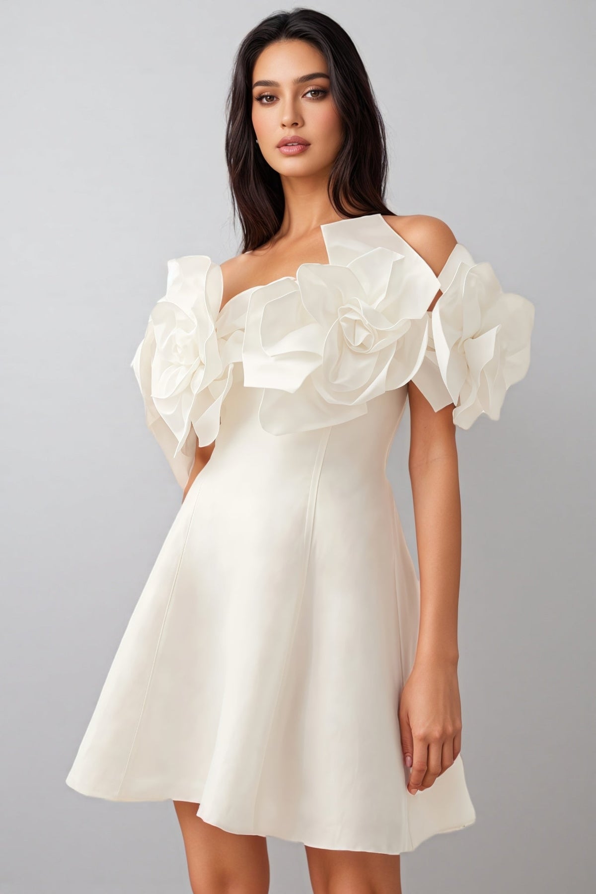 Satin 3D Rose Off Shoulder Fit and Flare Mini Dress - View 4