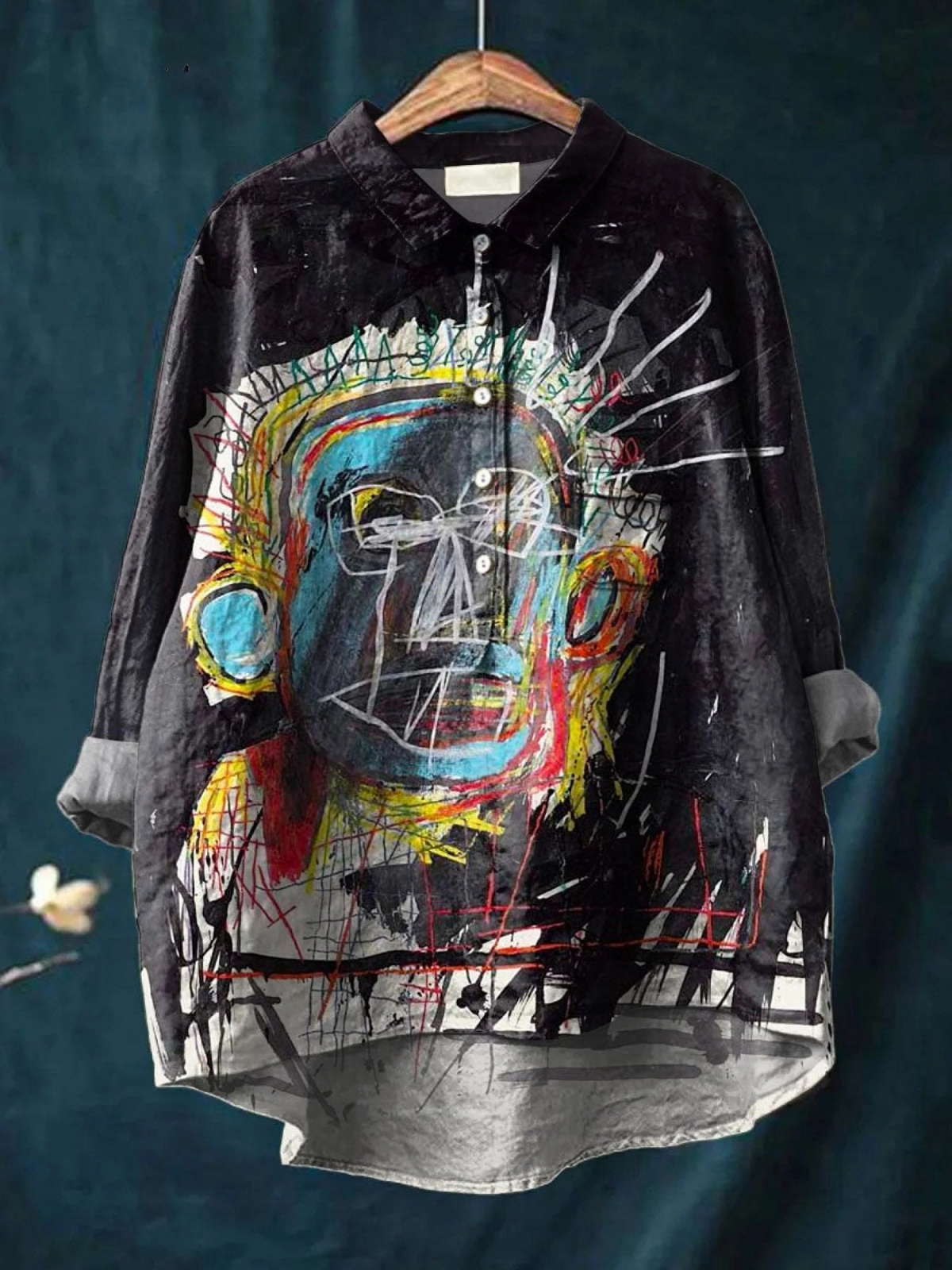 Abstract Face Art Print Button Front Long Sleeve Oversized Shirt