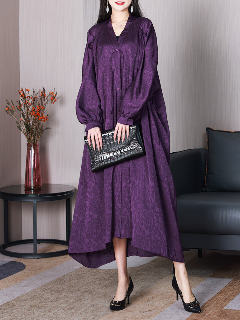 Jacquard Rose Print V-Neck Puff Sleeve Button Front Maxi Dress - View 3