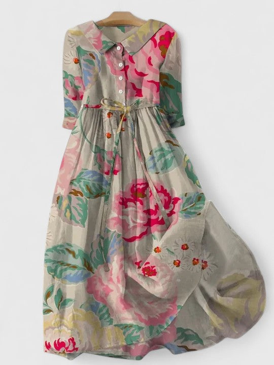 Floral Peter Pan Collar Button Front Belted Maxi Dress 2