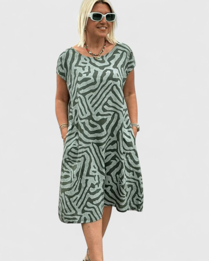 Abstract Print Round Neck Cap Sleeve Pocket Shift Dress 3