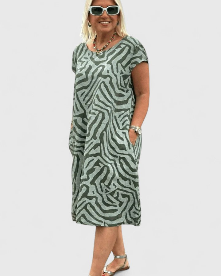 Abstract Print Round Neck Cap Sleeve Pocket Shift Dress 4