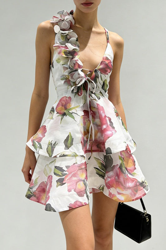 Floral Deep V-Neck Spaghetti Strap Tiered Ruffle Corset Mini Dress - View 4
