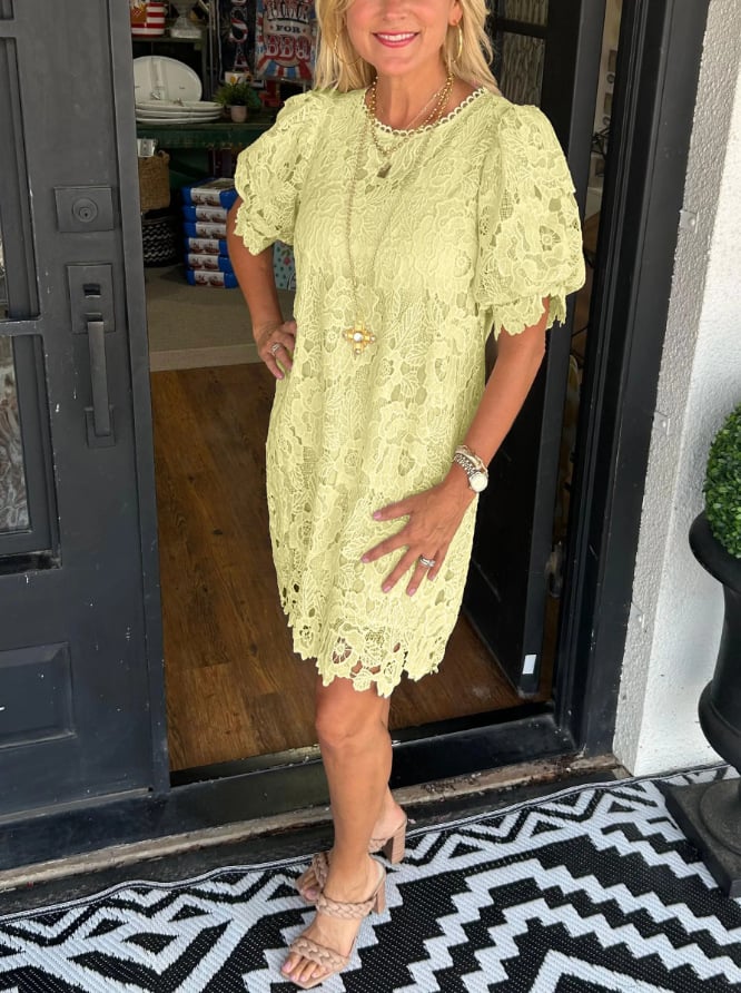Floral Lace Round Neck Puff Sleeve Tiered Ruffle Shift Mini Dress - View 2