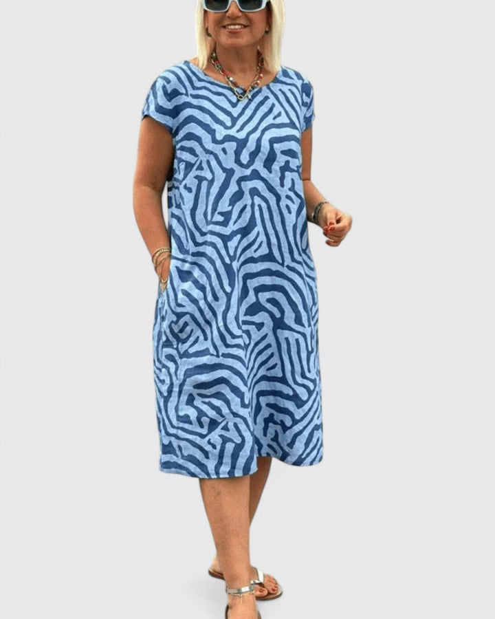 Abstract Print Round Neck Cap Sleeve Pocket Shift Dress 5