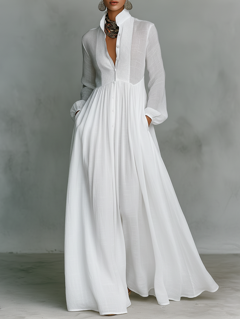 Stand Collar Long Sleeve Button Front Maxi Shirt Dress