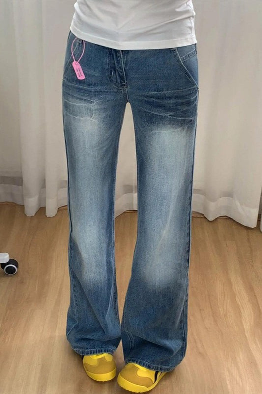 High-Waist Vintage Washed Flared Denim Jeans