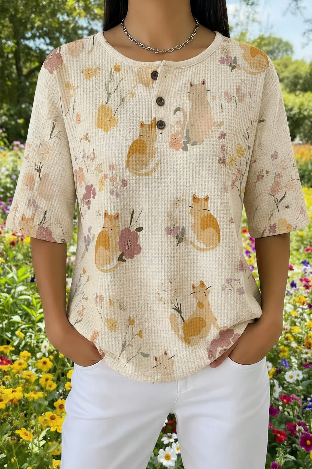 Cat Floral Print Button Henley Waffle Knit Top