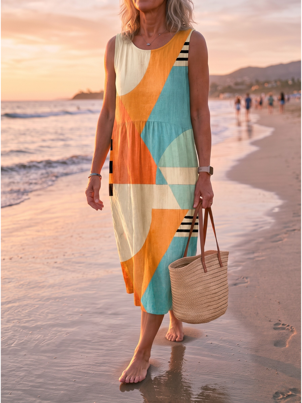 Geometric Print Scoop Neck Sleeveless Midi Dress