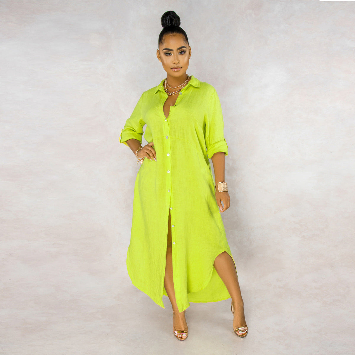 Button Down Collared Roll Tab Sleeve Box Pleat Maxi Shirt Dress - View 6
