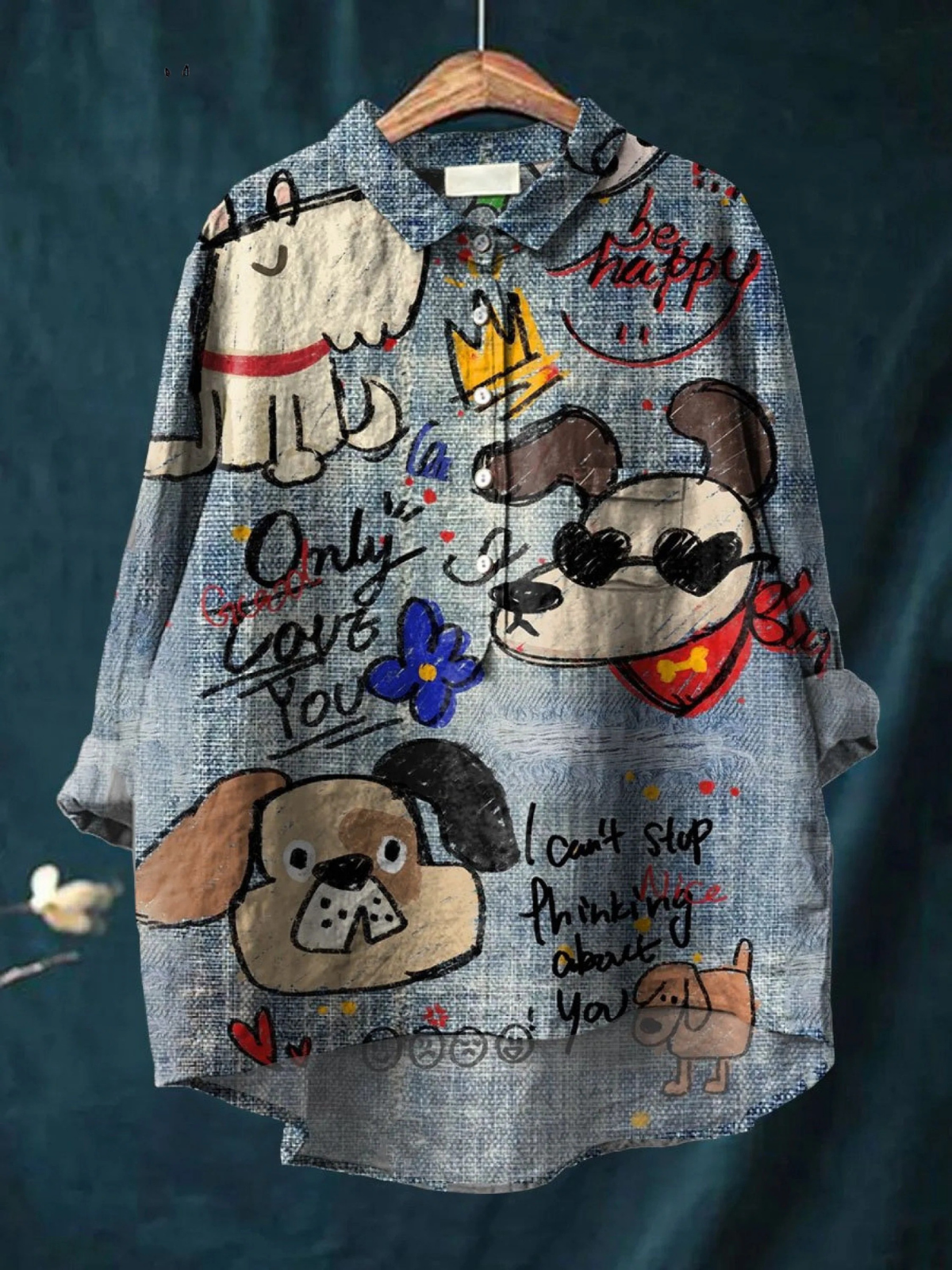 Cartoon Dog Print Collared Long Sleeve Denim Look Shirt