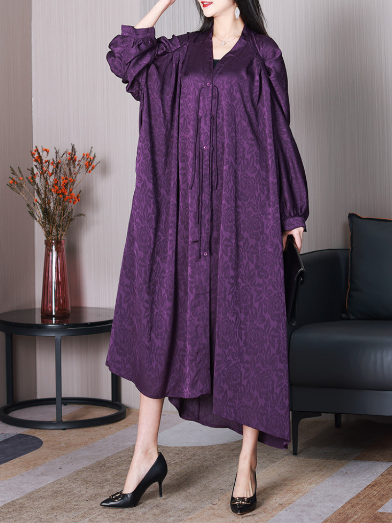 Jacquard Rose Print V-Neck Puff Sleeve Button Front Maxi Dress