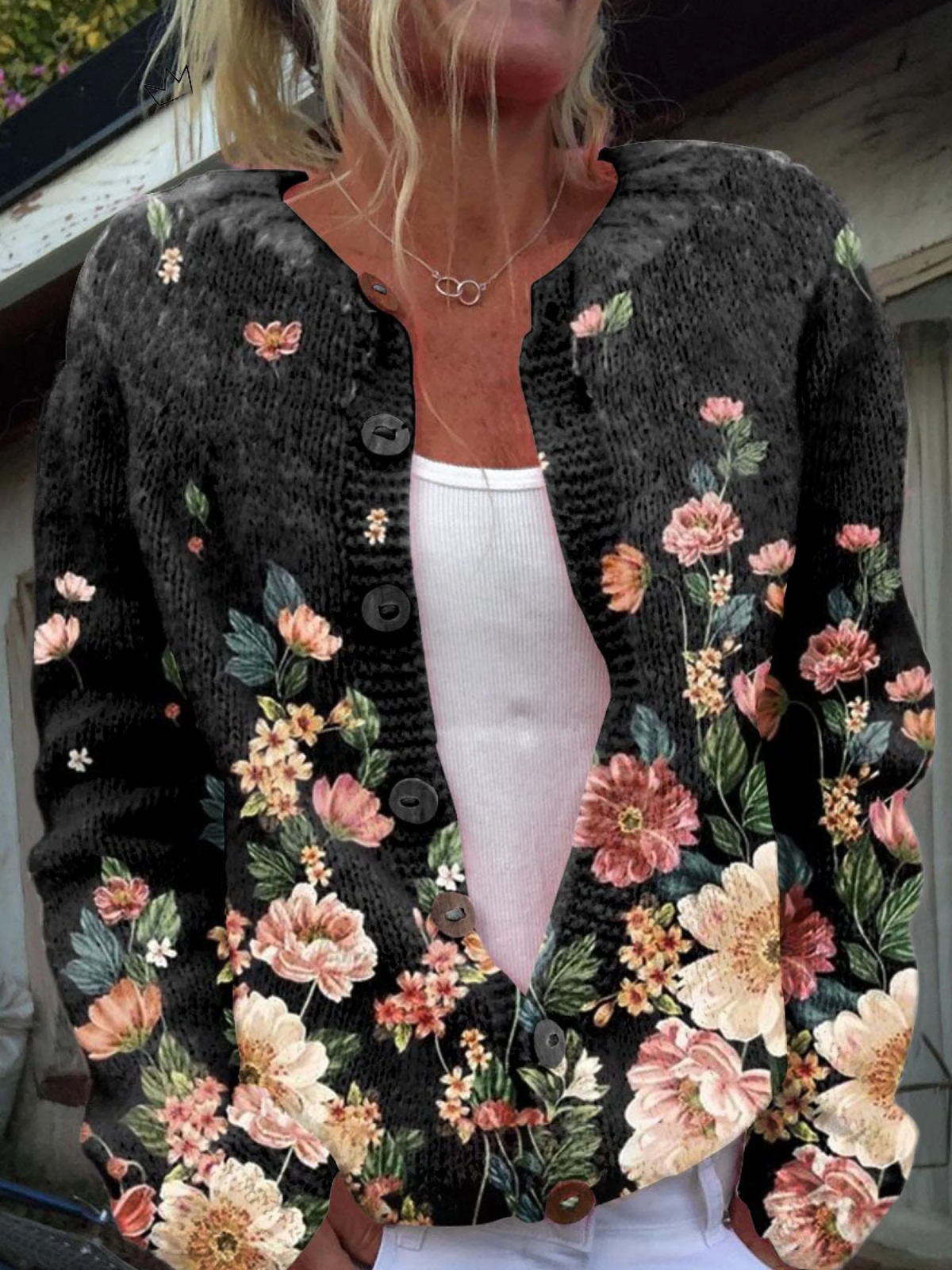 Floral Print Button Front Long Sleeve Knit Cardigan