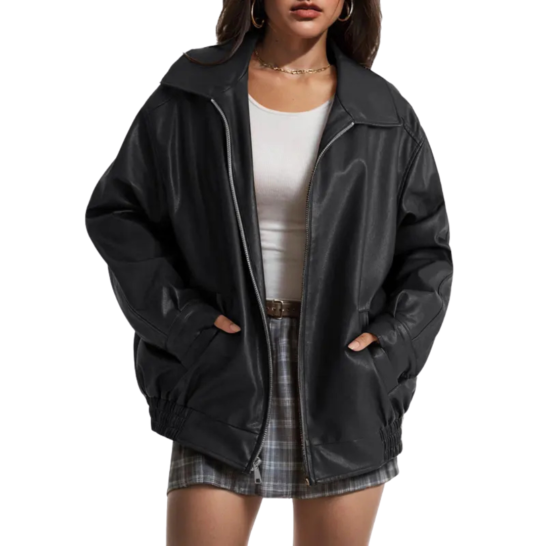 Oversized Faux Leather Zip Front Collared Jacket
