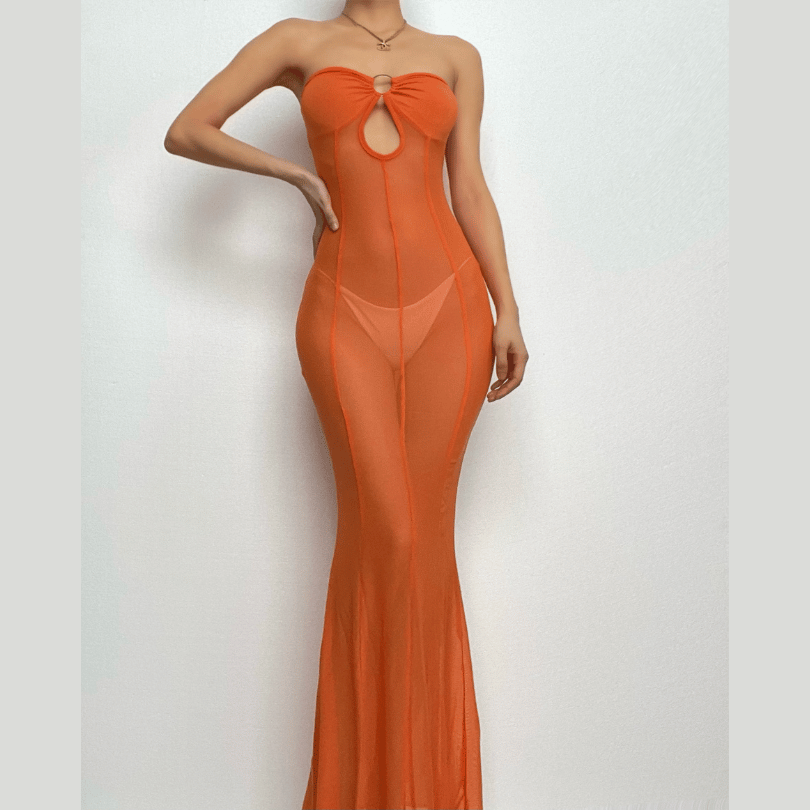 Mesh see through o ring hollow out backless tube maxi dress - View 12