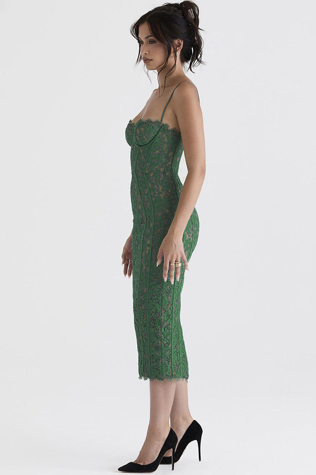 Joelle Forest Lace Midi Dress in Green - View 6