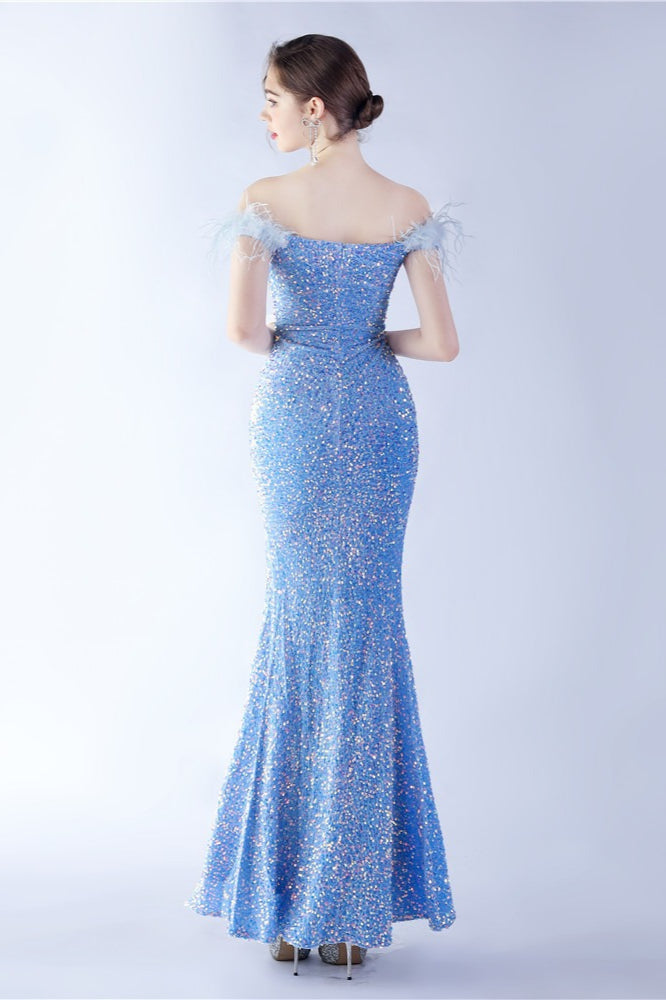 Sequin Off Shoulder Feather Trim High Split Mermaid Gown - View 25