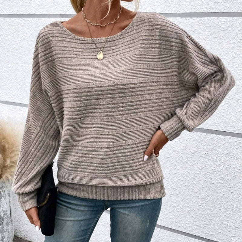 Striped Boat Neck Batwing Long Sleeve Knit Top 7
