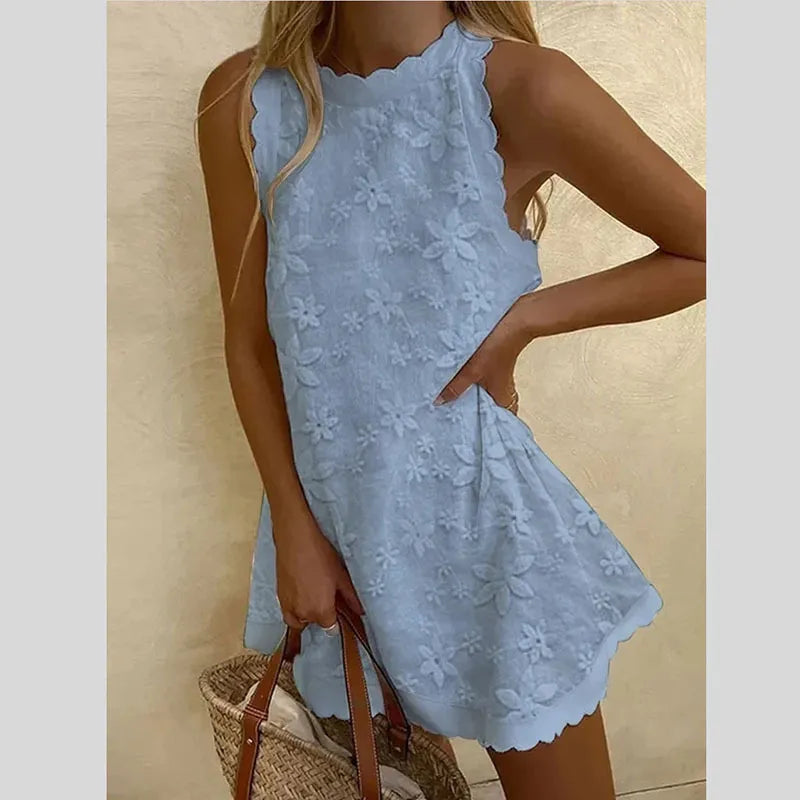 Floral Applique Sleeveless Scalloped A-Line Mini Dress - View 3