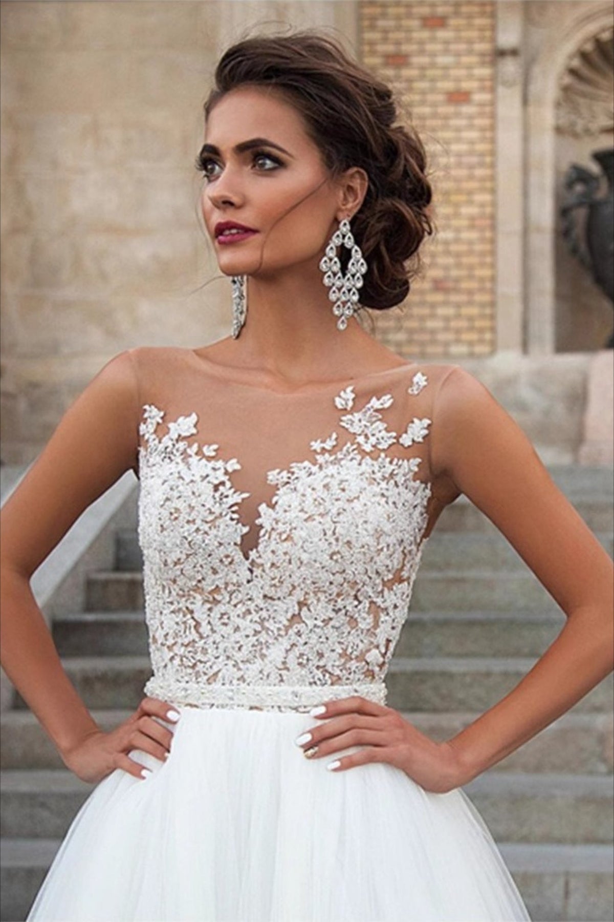 Sleeveless Illusion Lace Sweetheart Beaded Waist Tulle Gown - View 2