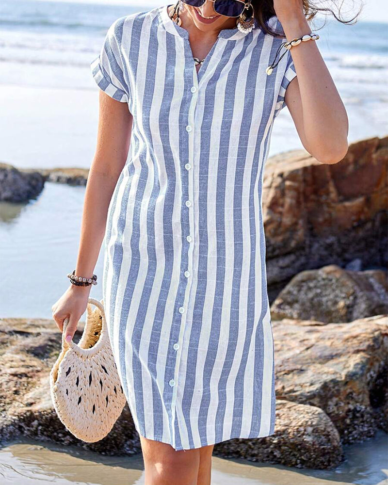 Striped Button Front Short Sleeve Mini Shirt Dress 5