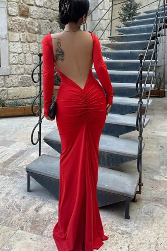 Long Sleeve Open Back Ruched Bodycon Mermaid Maxi Dress - View 2