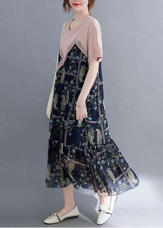 Faux Two Piece Paisley Patchwork Lace Trim Ruffle Hem Midi Dress - View 3