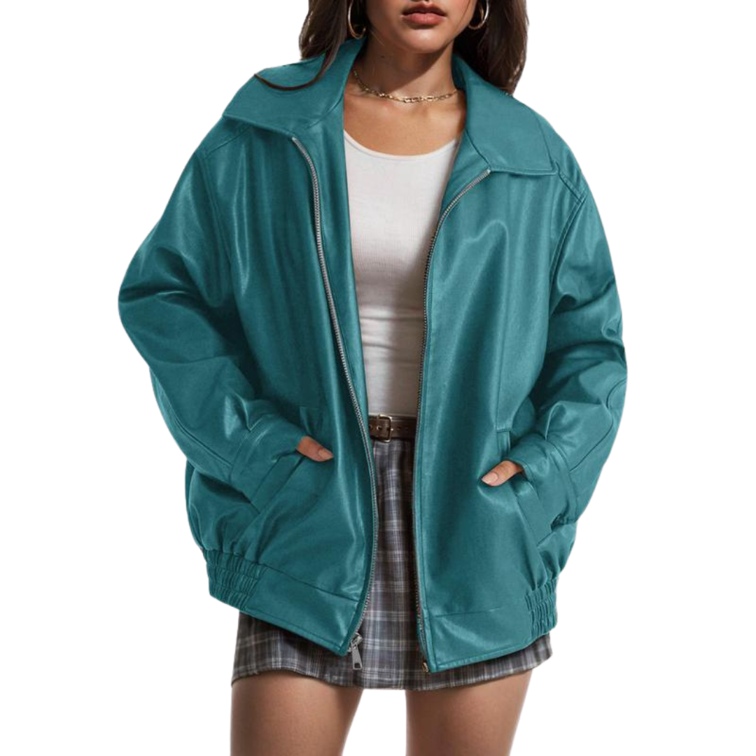 Oversized Faux Leather Zip Front Collared Jacket 5