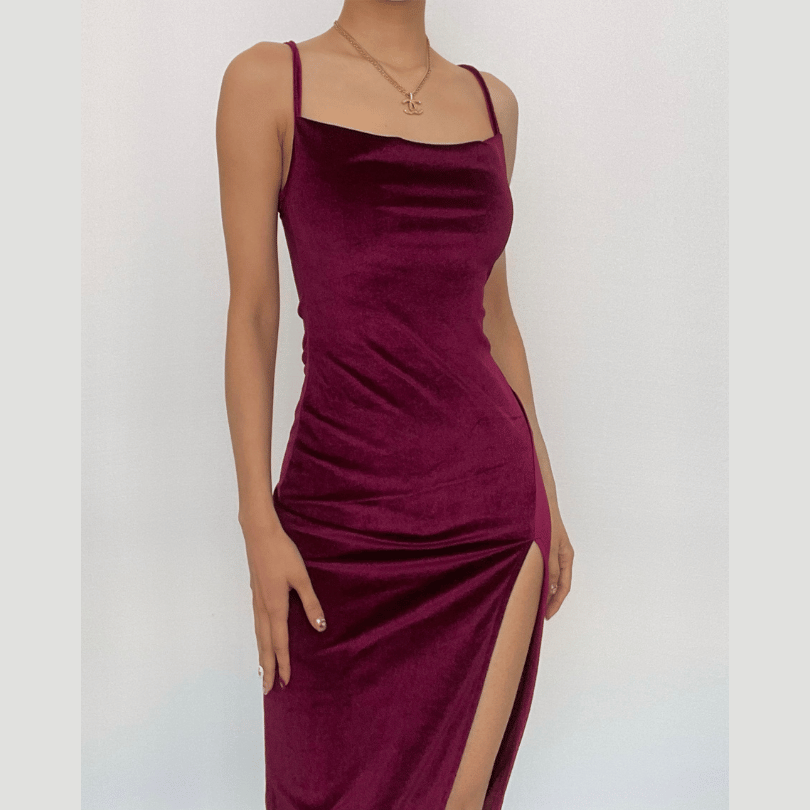 Sleeveless velvet slit cowl neck backless cami midi dress - View 11