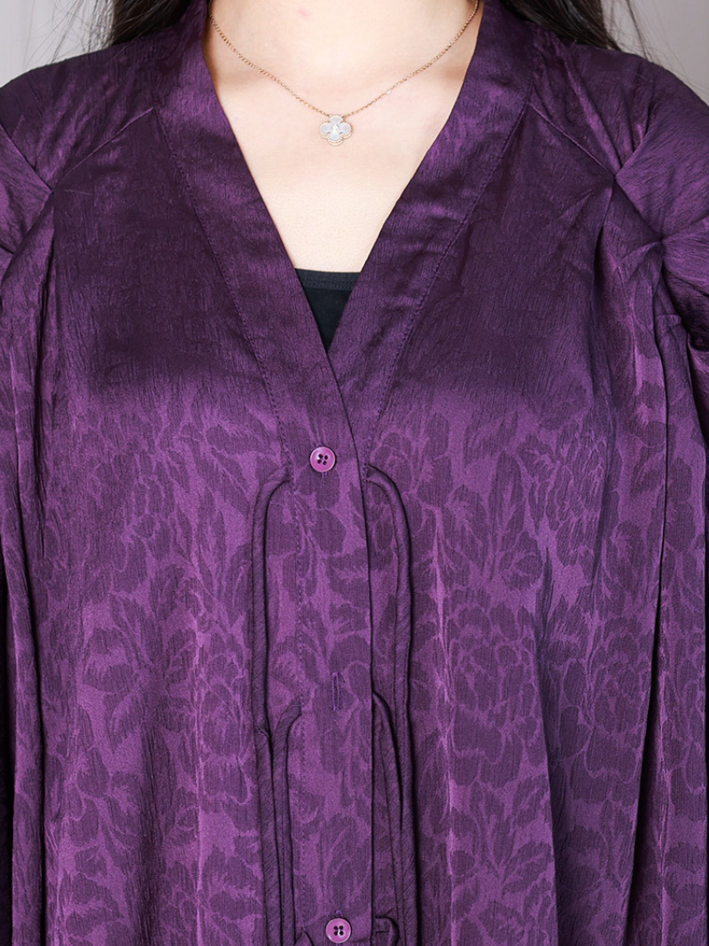 Jacquard Rose Print V-Neck Puff Sleeve Button Front Maxi Dress - View 4