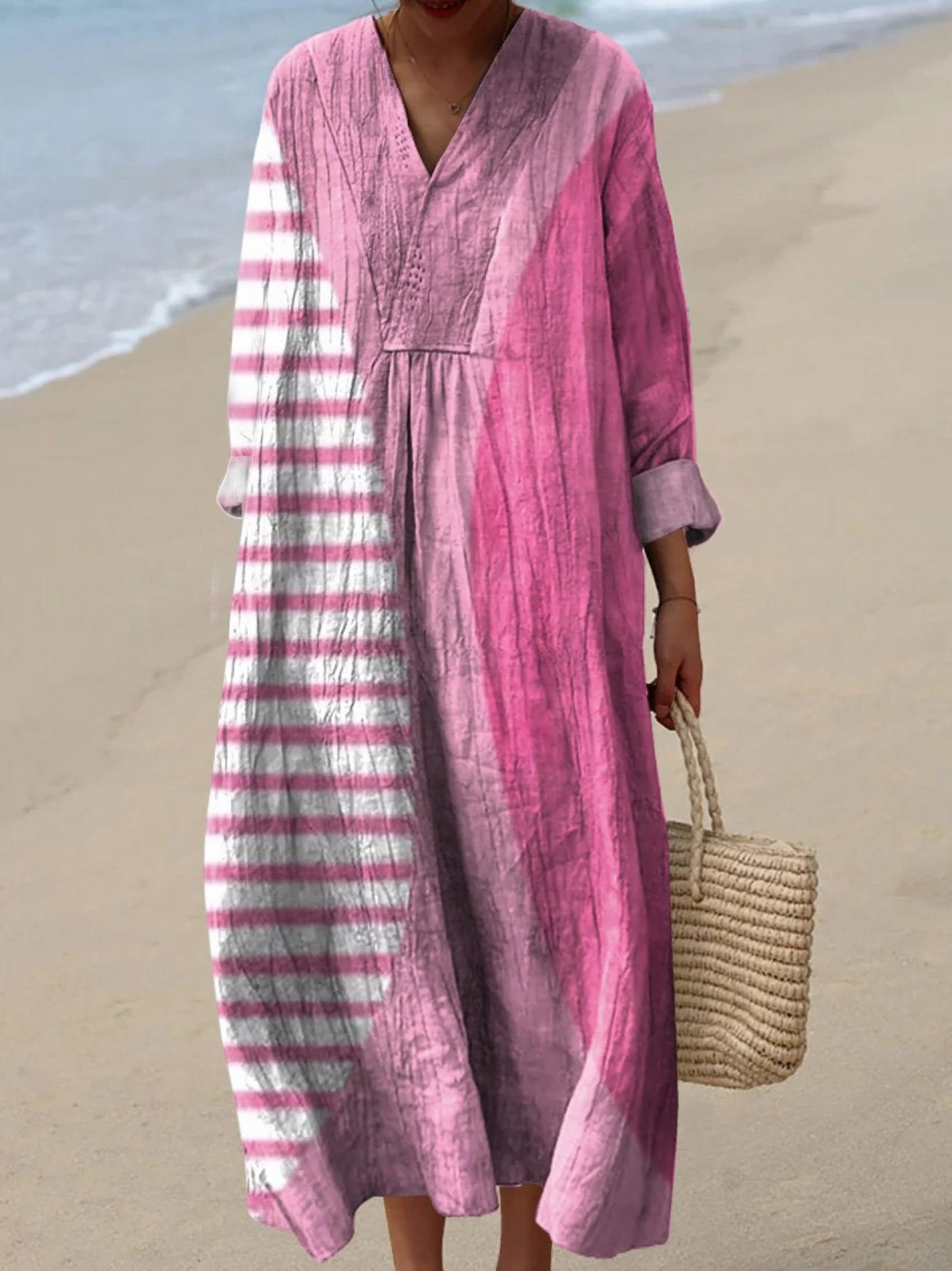 Striped V-Neck Long Sleeve Maxi Dress