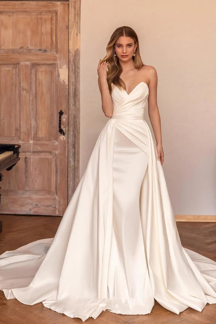 Satin Strapless Sweetheart Ruched Detachable Train Mermaid Prom Gown - View 2