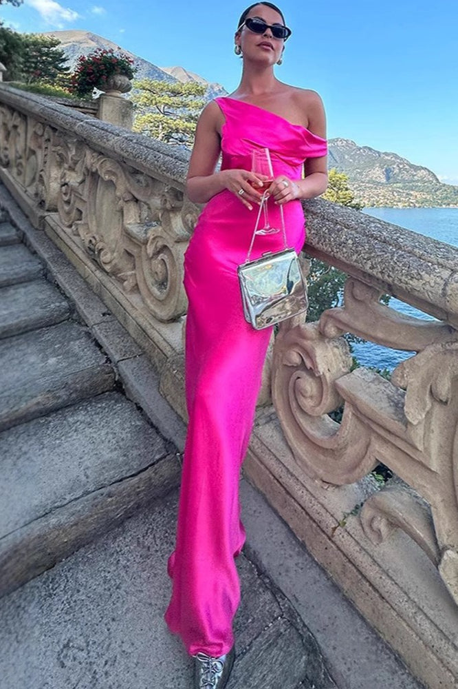 One Shoulder Cowl Neck Draped Satin Column Maxi Dress 4