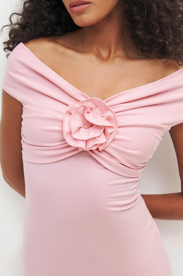 Off Shoulder Ruched Rosette Knit Bodycon Cocktail Dress
