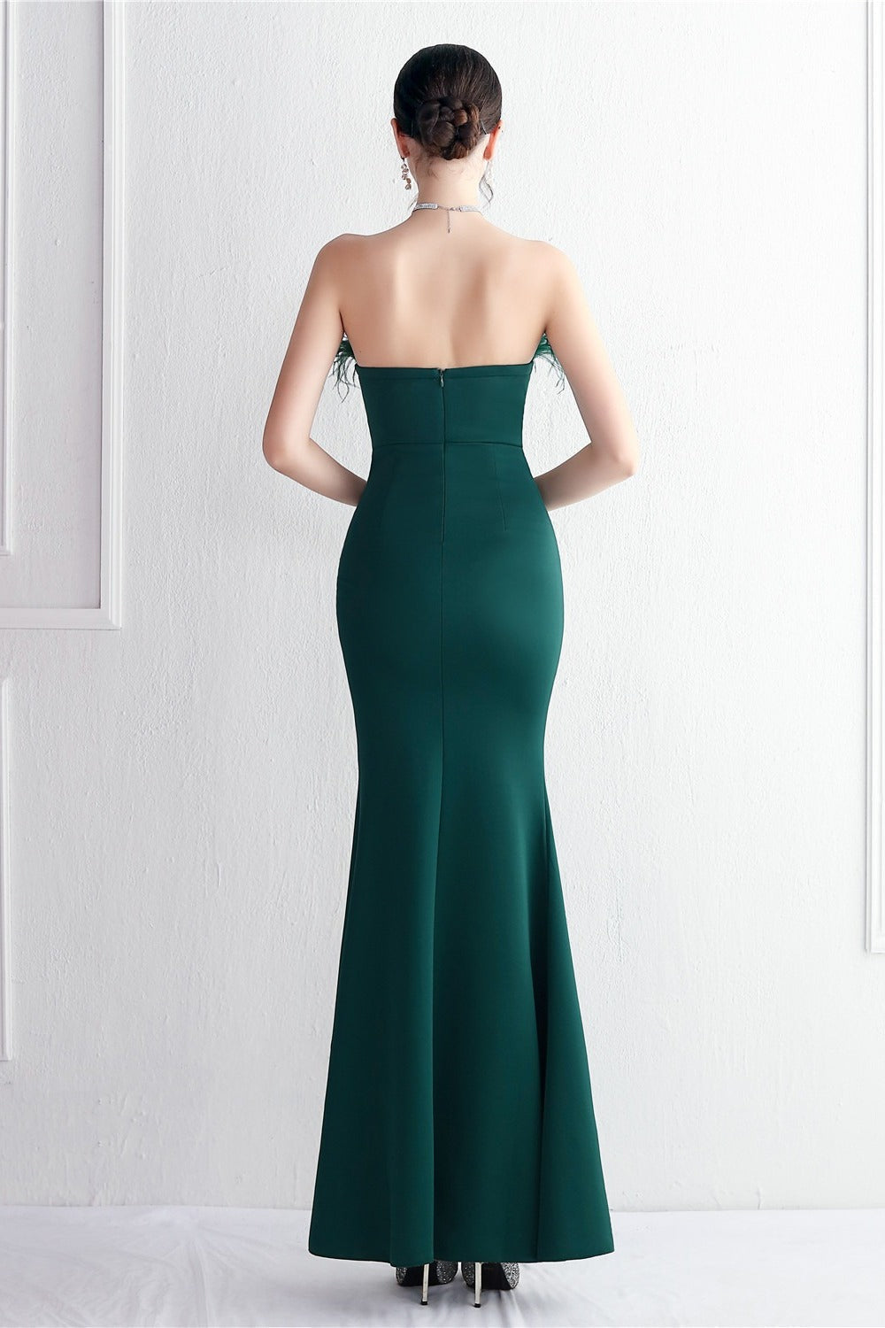 Feather Trim Strapless High Split Mermaid Gown - View 12